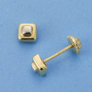 Pendientes bebé oro 18 ktes Cuadrado relieve bicolor 4X4mm. Cierre rosca. Ref.AU18KPTE/10515/PM