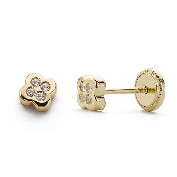 Pendientes bebé oro 18 ktes Florecita primavera, circonitas 4X4mm. Cierre rosca. Ref.AU18KPTE/15643/PM