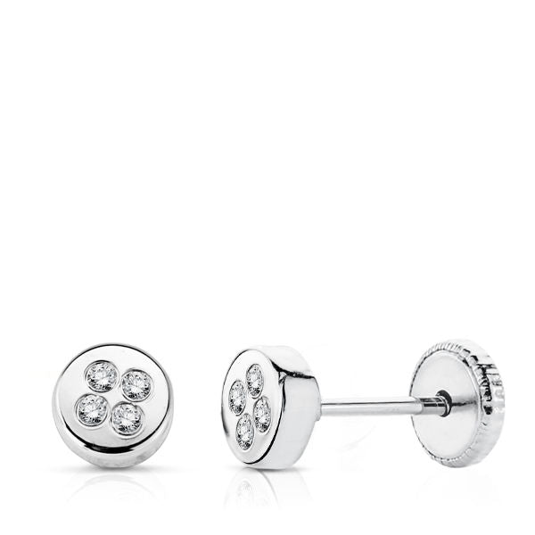 Pendientes bebé oro blanco 18 ktes Redondo circonitas 4mm. Cierre rosca. Ref.AU18KPTE/15645/PM
