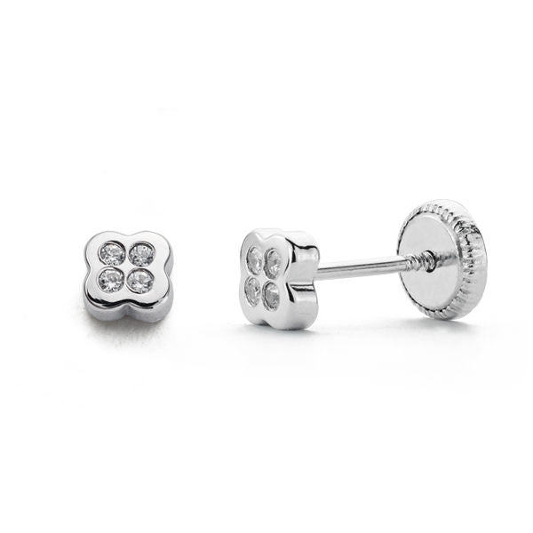 Pendientes bebé oro blanco 18 ktes Florecita primavera, circonitas 4mm. Cierre rosca. Ref.AU18KPTE/15646/PM