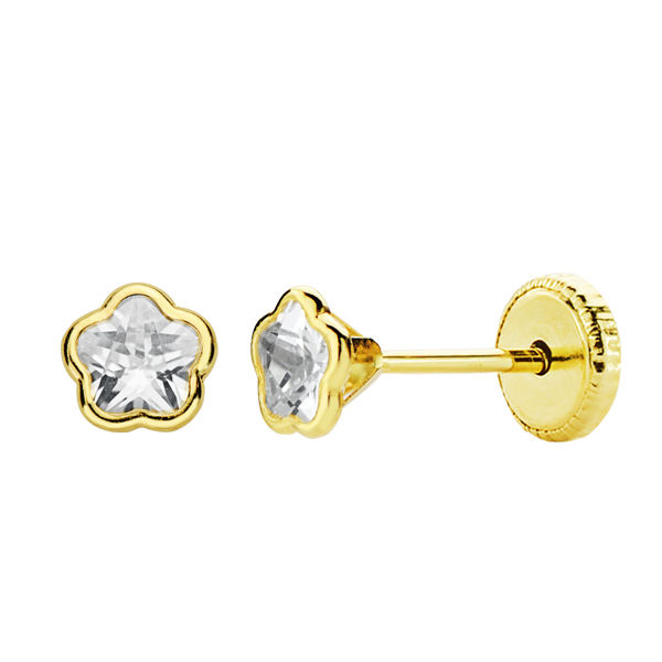 Pendientes bebé oro 18 ktes Chatón Flor cerco fino circonita 4 mm. Cierre rosca. Ref.AU18KPTE/18340/PM