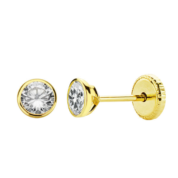 Pendientes niña bebé oro 18 ktes Chatón redondo cerco fino circonita 4 mm. Cierre rosca. Ref.AU18KPTE/18343/PM