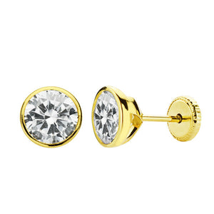 Pendientes niña bebé oro 18 ktes Chatón redondo cerco fino circonita 6 mm. Cierre rosca. Ref.AU18KPTE/18345/PM
