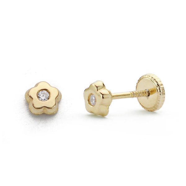 Pendientes niña bebé oro 18 ktes Flor circonita 4mm. Cierre rosca. Ref.AU18KPTE/18492/PM