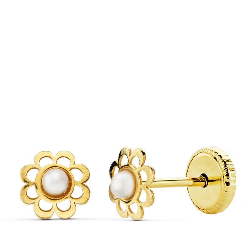 Pendientes bebé oro 18 ktes Flor y perla 5 mm. Cierre rosca. Ref.AU18KPTE/18510/PM