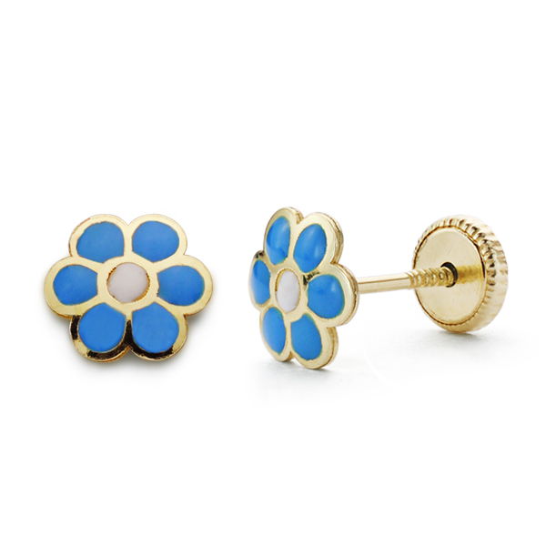 Pendientes bebé oro 18 ktes Flor color azul 6X6 mm. Cierre rosca. Ref.AU18KPTE/18541-AZ/PM-1