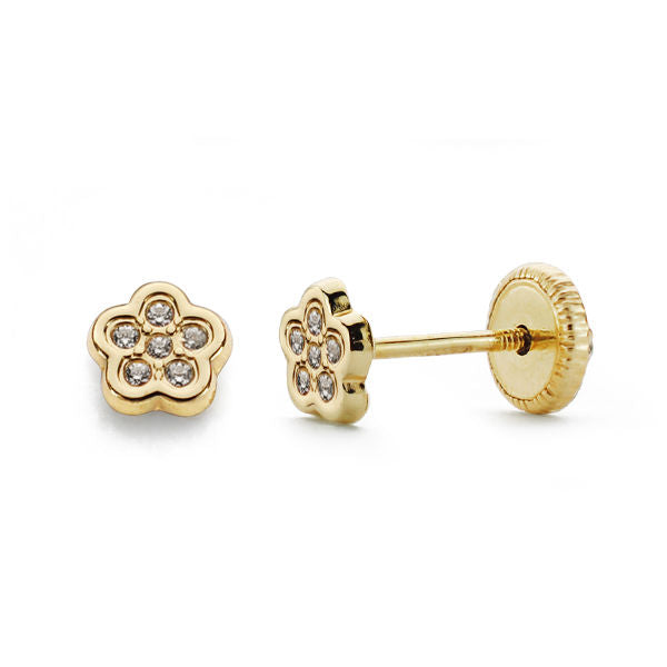 Pendientes bebé oro 18 ktes Flor circonitas 4,5mm. Cierre rosca. Ref.AU18KPTE/18632/PM