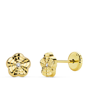 Pendientes niña bebé oro 18 ktes Flor brillo circonita 6X6 mm. Cierre rosca. Ref.AU18KPTE/18766/PM