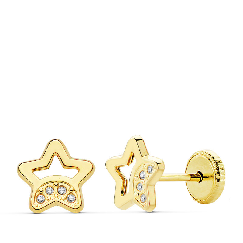 Pendientes niña bebé oro 18 ktes Estrella calada circonitas 7 mm. Cierre rosca. Ref.AU18KPTE/18798/PM