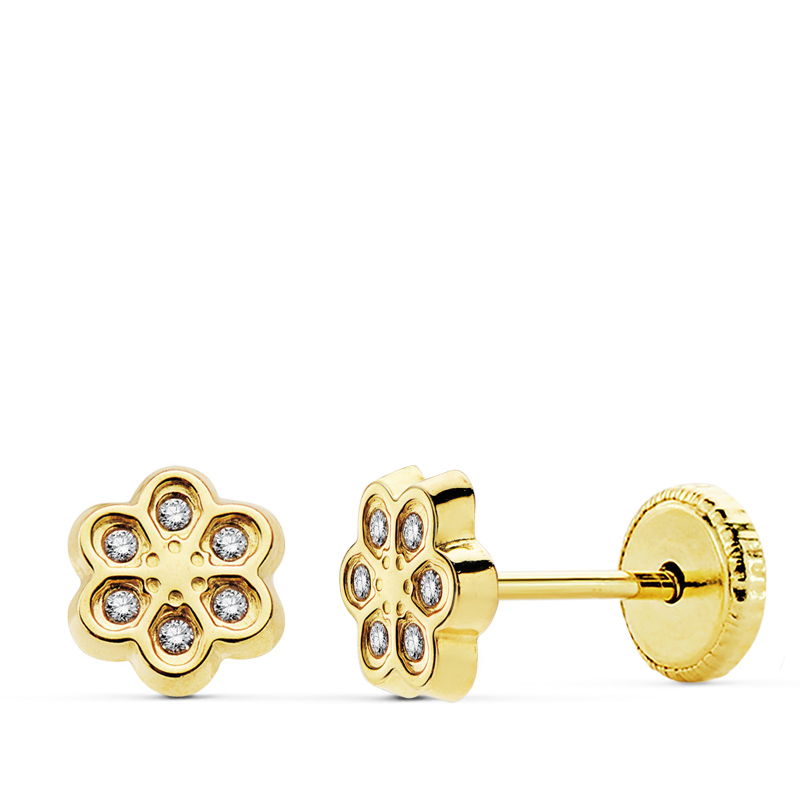 Pendientes niña bebé oro 18 ktes Flor circonitas 6,5mm. Cierre rosca. Ref.AU18KPTE/18806/PM