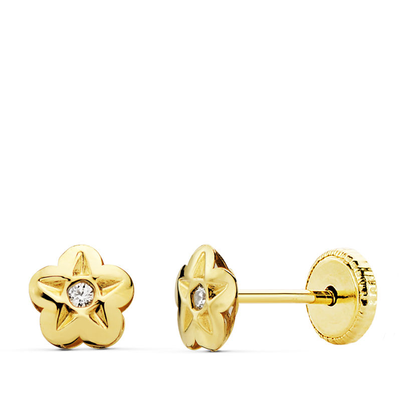 Pendientes niña bebé oro 18 ktes Flor circonita 5X5 mm. Cierre rosca. Ref.AU18KPTE/18850/PM
