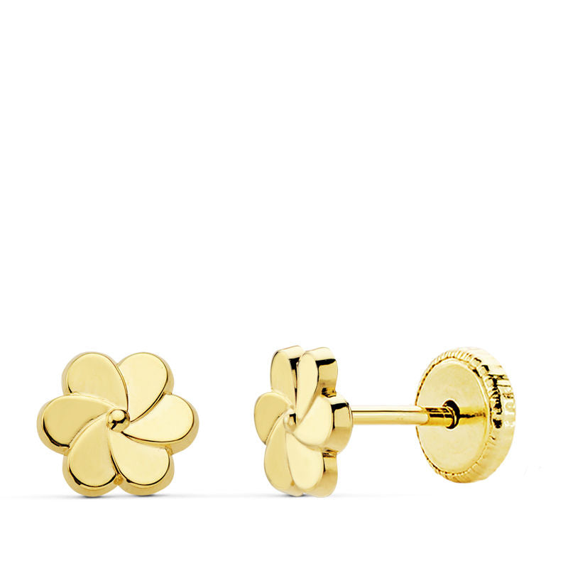 Pendientes niña bebé oro 18 ktes Flor liso brillo 6X6 mm. Cierre rosca. Ref.AU18KPTE/18856/PM