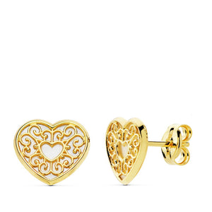Pendientes oro 18 ktes Corazón calado nácar 9X8mm Cierre de presión. Ref.AU18KPTE/18865/PM