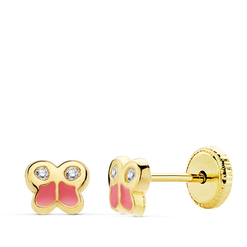Pendientes bebé oro 18 ktes Mariposa color y circonita 5X4,5 mm. Cierre rosca. Ref.AU18KPTE/18875/PM