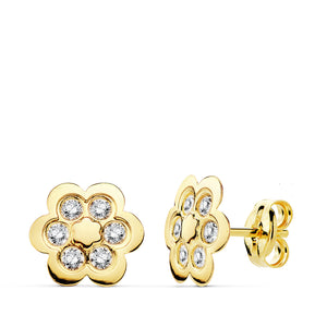 Pendientes oro 18 ktes Flor circonita planos 9X9mm Cierre de presión. Ref.AU18KPTE/18882/PM