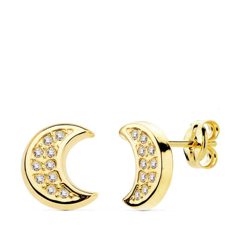Pendientes oro 18 ktes Luna en relieve con cuajado de circonita 9X8mm Cierre de presión. Ref.AU18KPTE/18894/PM