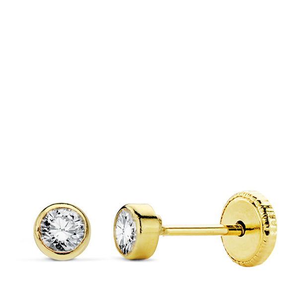 Pendientes bebé oro 18 ktes Chatón cerco fino circonita 3 mm. Cierre rosca. Ref.AU18KPTE/18903/PM