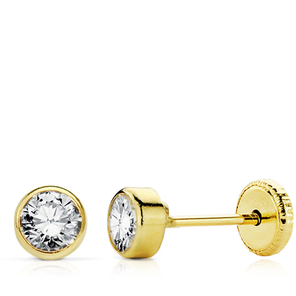 Pendientes bebé oro 18 ktes Chatón cerco fino circonita 4 mm. Cierre rosca. Ref.AU18KPTE/18904/PM
