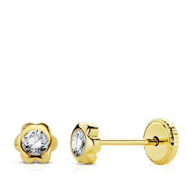 Pendientes bebé oro 18 ktes chatón Flor circonita 4 mm. Cierre rosca. Ref.AU18KPTE/18907/PM