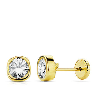Pendientes niña bebé oro 18 ktes chatón cuadrado circonita 5 mm. Cierre rosca. Ref.AU18KPTE/18920/PM