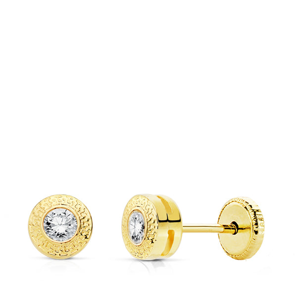 Pendientes bebé oro 18 ktes Chatón greca y circonita. Cierre rosca. Ref.AU18KPTE/18947/PM