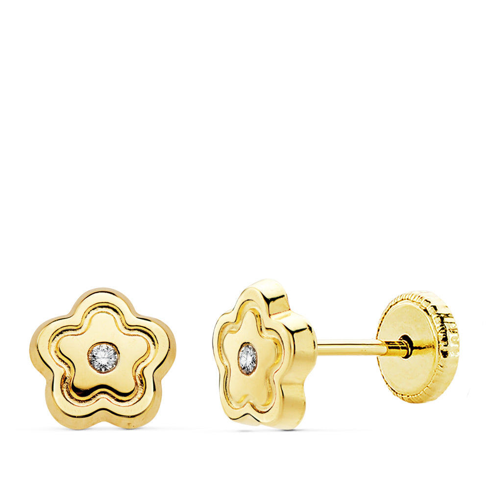 Pendientes bebé oro 18 ktes Flor circonita 6,5X6 mm. Cierre rosca. Ref.AU18KPTE/18970/PM