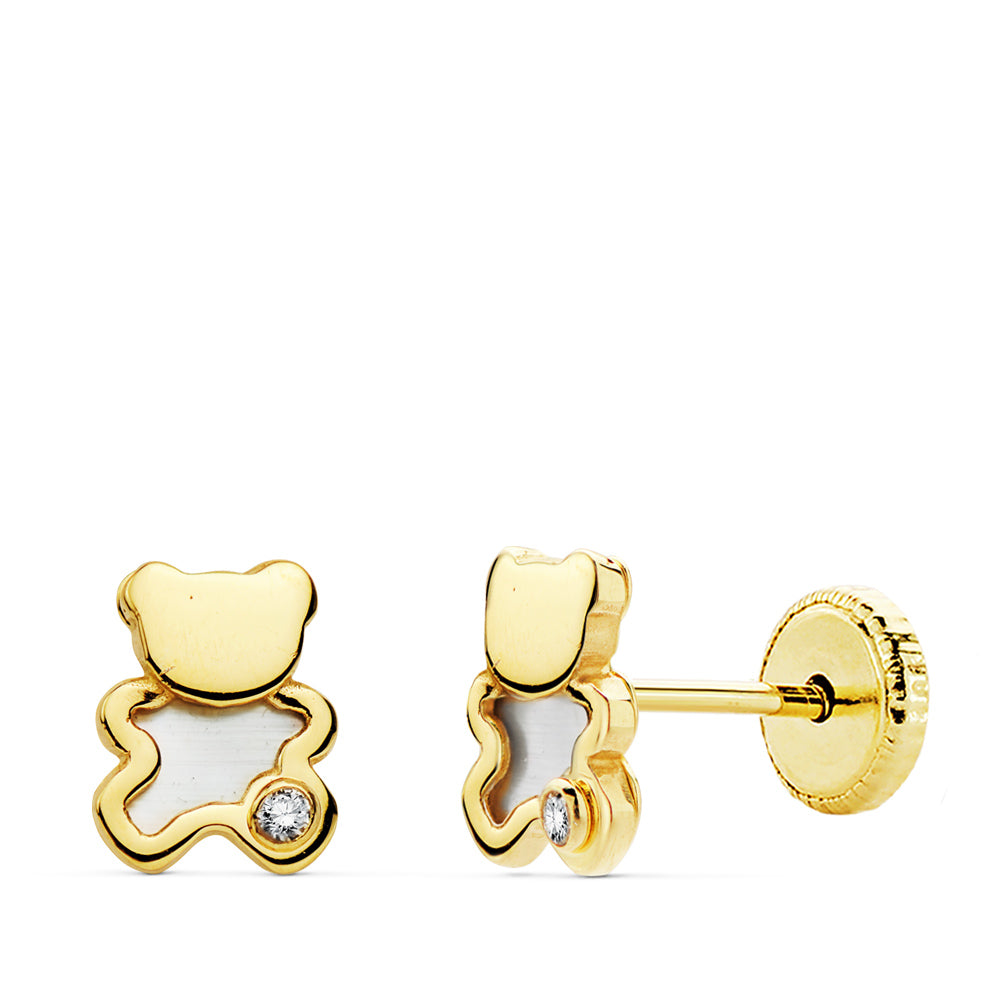 Pendientes bebé oro 18 ktes Osito Jugetón nácar y circonita 6,5X5 mm. Cierre rosca. Ref.AU18KPTE/18975/PM