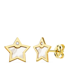 Pendientes oro 18 ktes Estrellla con circonita y nácar 8X8mm Cierre de presión. Ref.AU18KPTE/21034/PM