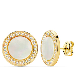 Pendientes oro 18 ktes redondos nacar y circonitas 12,5mm Cierre de presión. Ref.AU18KPTE/21073-NA/PM