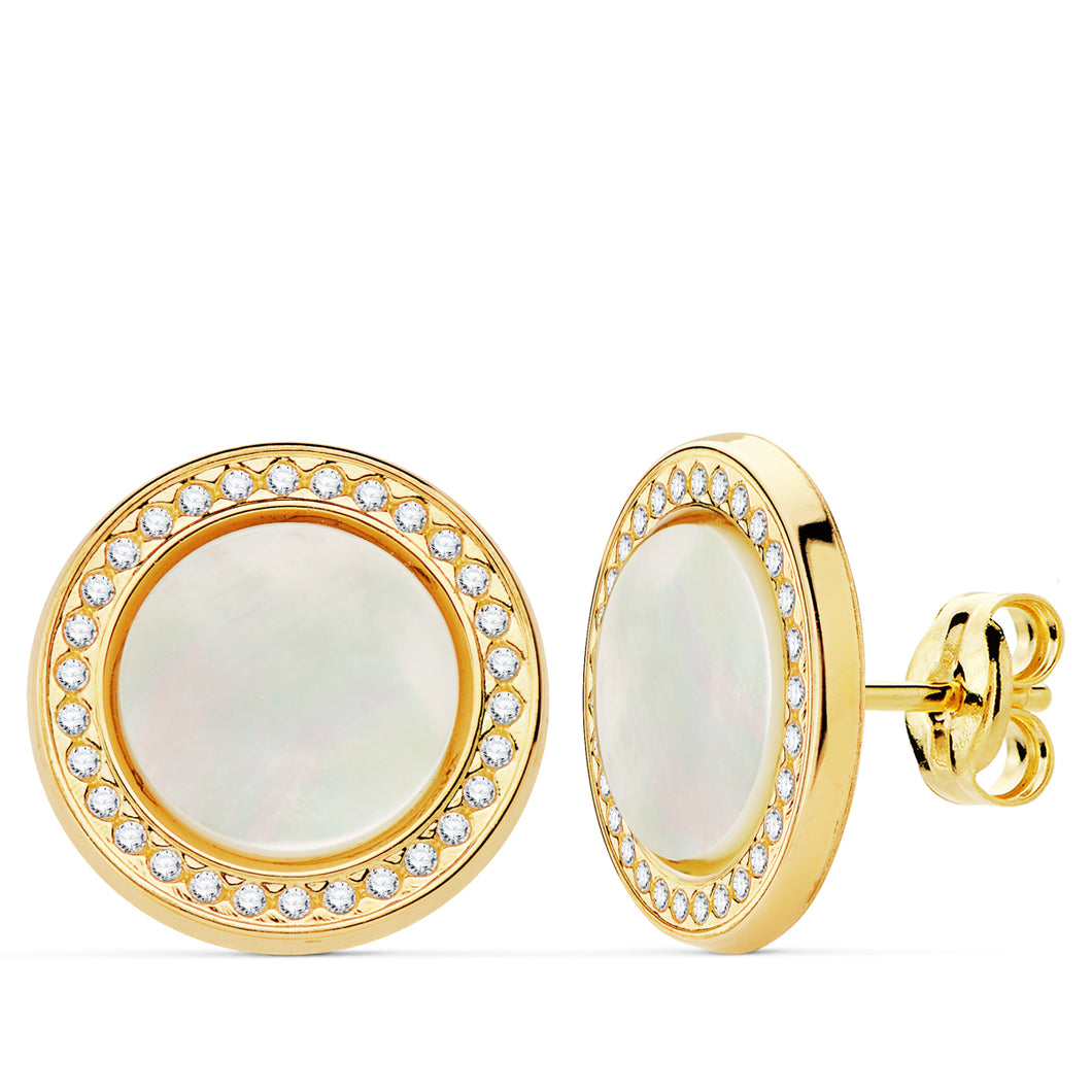Pendientes oro 18 ktes redondos nacar y circonitas 12,5mm Cierre de presión. Ref.AU18KPTE/21073-NA/PM