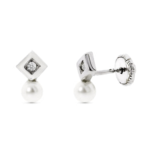 Pendientes bebé oro blanco 18 ktes con Diamante y Perla. Cierre rosca. Ref.AU18KPTE/319-9977/PM