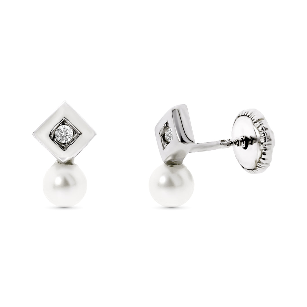 Pendientes bebé oro blanco 18 ktes con Diamante y Perla. Cierre rosca. Ref.AU18KPTE/319-9977/PM