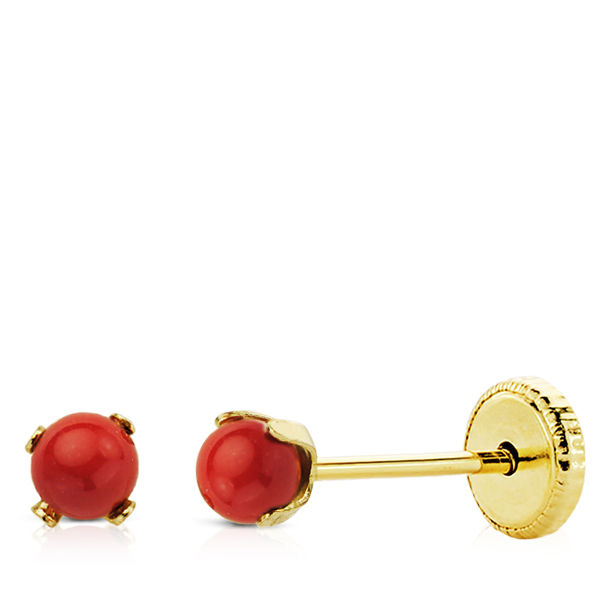 Pendientes bebé oro 18 ktes con Coral 3 mm, 4 garras. Cierre rosca. Ref.AU18KPTE/8695-C/PM