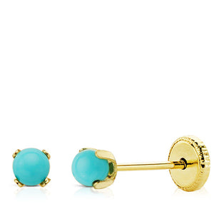 Pendientes bebé oro 18 ktes con Turquesa 3 mm, 4 garras. Cierre rosca. Ref.AU18KPTE/8695-T/PM
