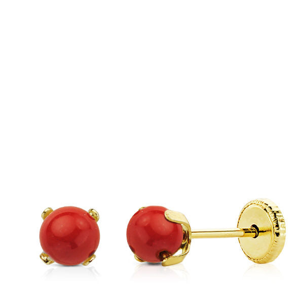 Pendientes bebé oro 18 ktes con Coral 4 mm, 4 garras. Cierre rosca. Ref.AU18KPTE/8696-C/PM