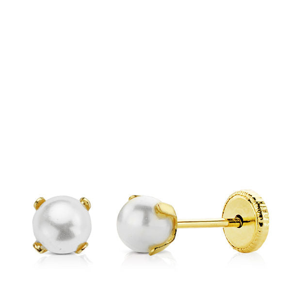 Pendientes bebé oro 18 ktes con Perla 4 mm, 4 garras. Cierre rosca. Ref.AU18KPTE/8696-P/PM